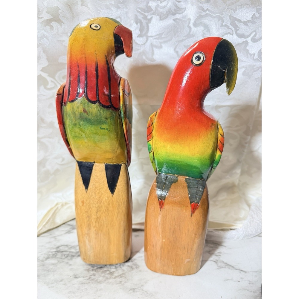 Wooden Carved Painted Parrot Statue 13"  & 12" Perched Very Light (3377)